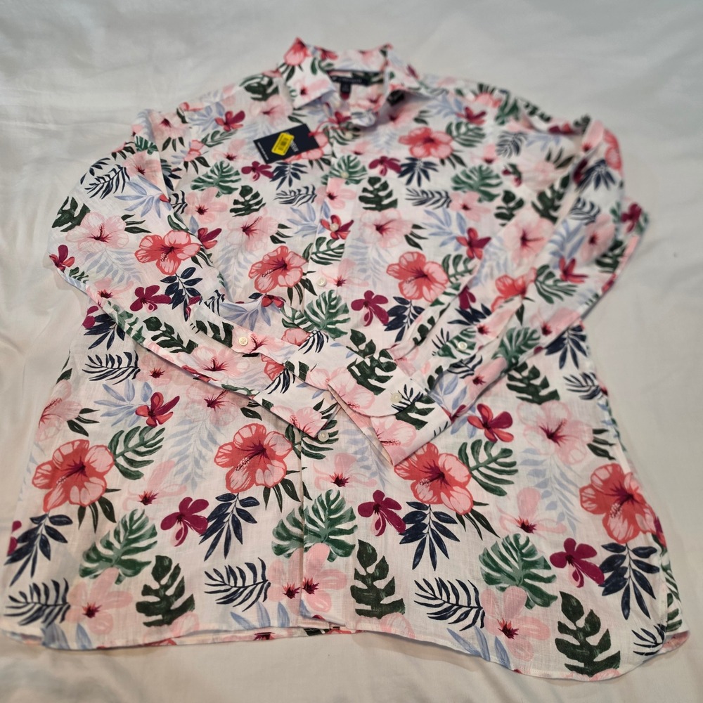 Cremieux Linen Shirt Mens Medium White Floral NWT Tropical Long Sleeve S35WX268